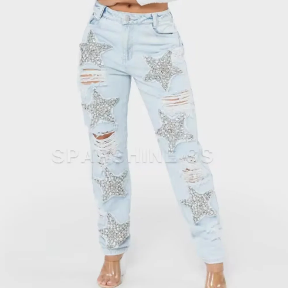 Star Diamond Ripped Casual Jeans for Women TrendyLight Wash Distressed Denim - Picture 4 of 7